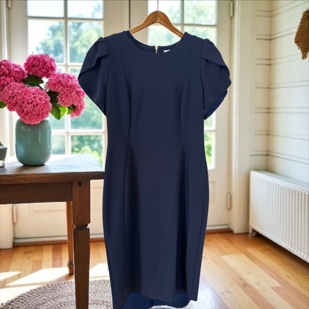 NWOT Calvin Klein True Navy Tulip Sheath Dress with Gold Back Zipper - Picture 3 of 8